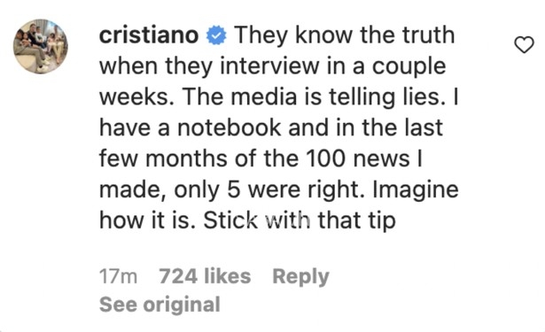 CR7 đáp trả tin đồn chuyển nhượng trên Instagram