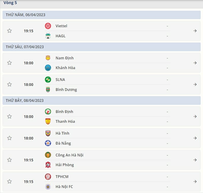 Lịch thi đấu vòng 5.