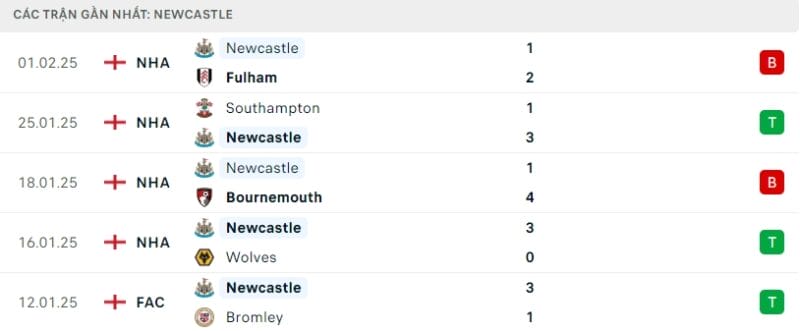 Phong độ gần đây của Newcastle.